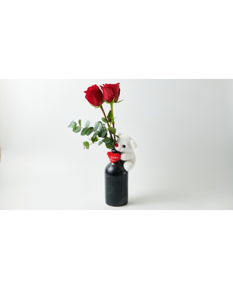 Vase with Teddy Bear and 2 Red Roses