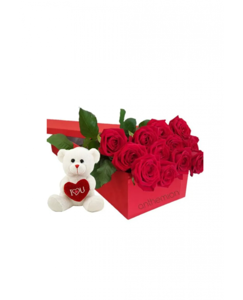 Κουτί με 10 τριαντάφυλλα και αρκουδάκι