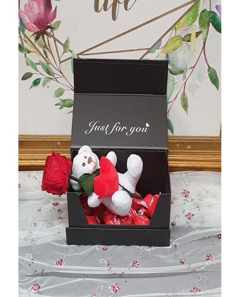 Teddy Bear with a Forever Rose and Chocolates
