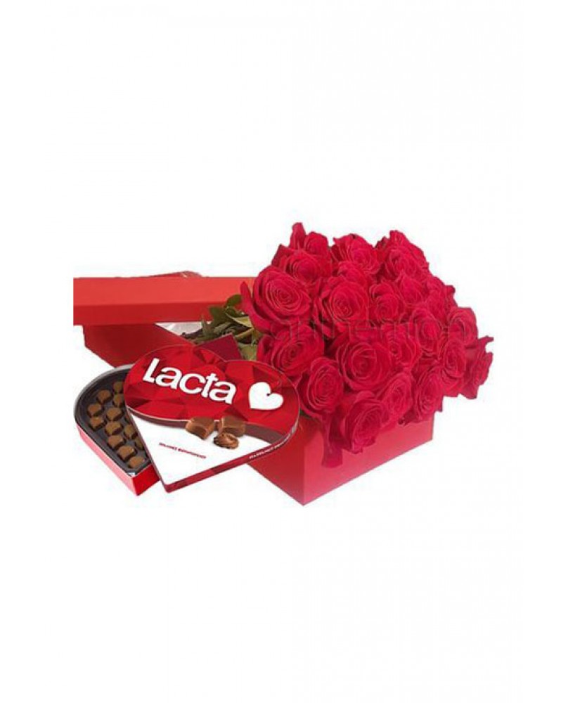 Box with 15 roses and chocolates
