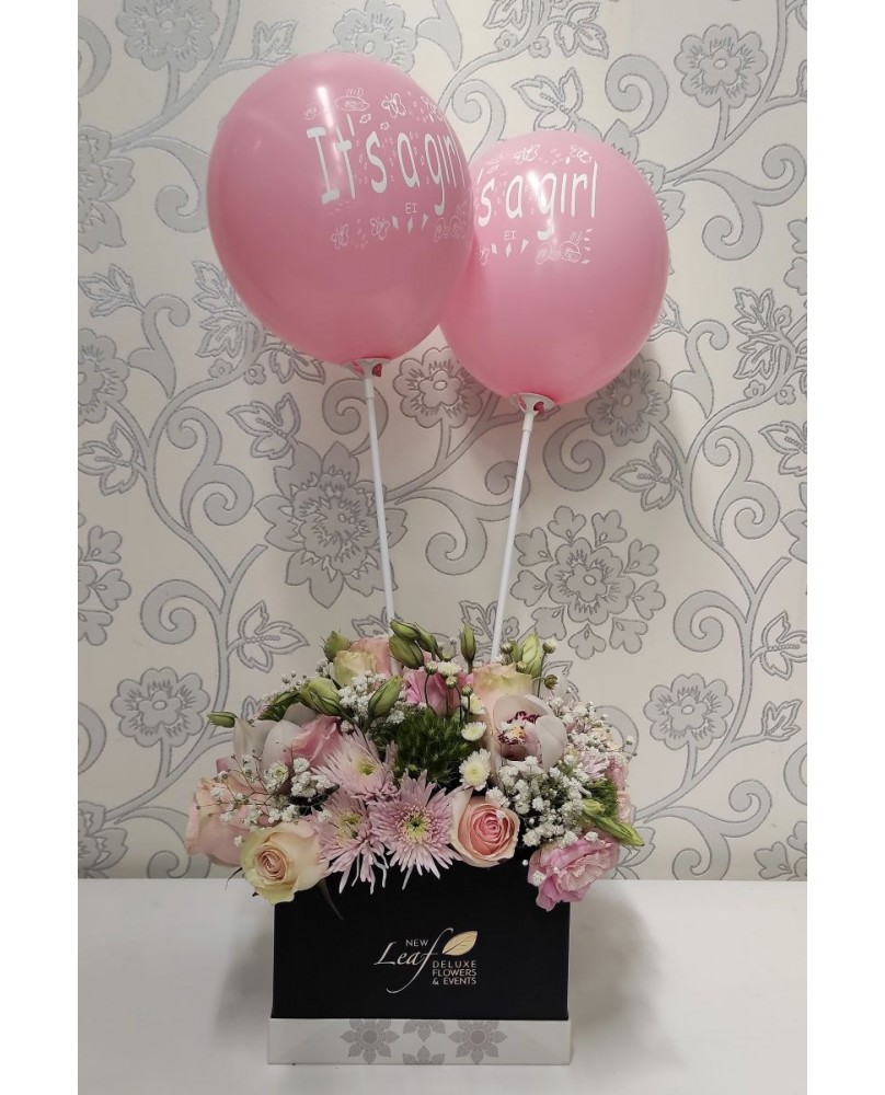 Box with Pink Flowers and Balloons
