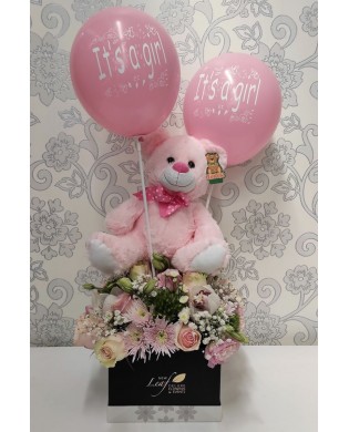 Box with Pink Flowers, Balloons and Teddy Bear